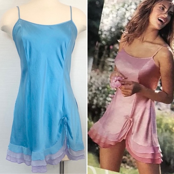 Y2K Victoria’s Secret Silk Chiffon Ruffle Blue Bow Mermaid Vintage Slip Dress M - Picture 1 of 10